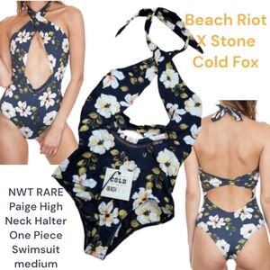 Beach Riot X Stone Cold Fox Paige Halter One Piece cheeky Swimsuit navy floral M
